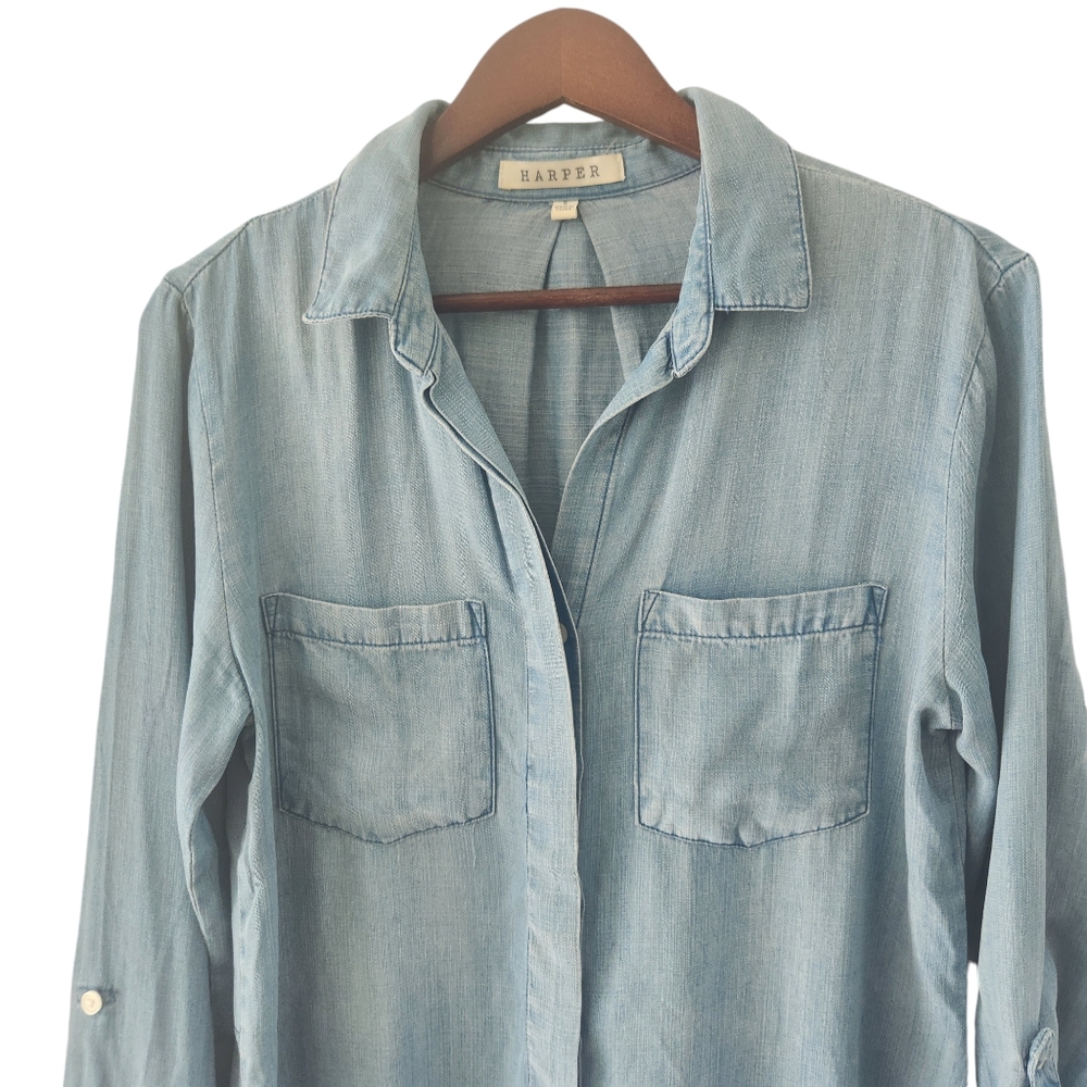 Harper Chambray Button Front Split Back Roll Tab … - image 2